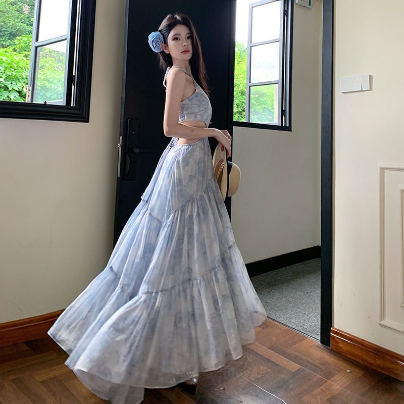 Cutout A-Line Floral Maxi Dress Halter