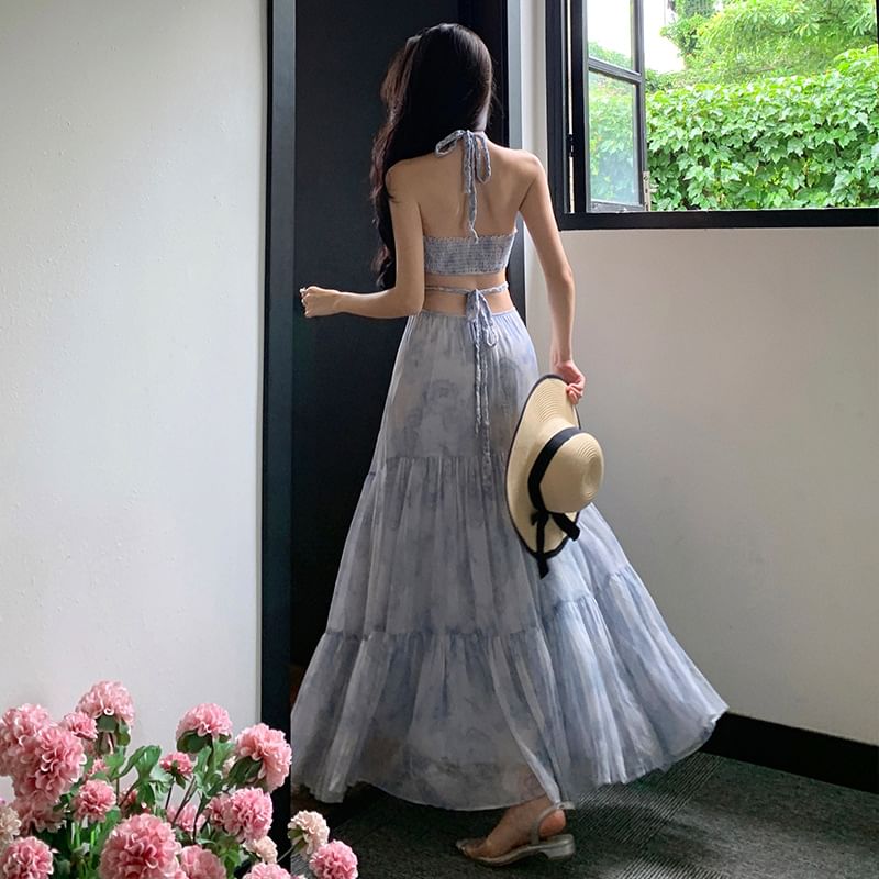 Cutout A-Line Floral Maxi Dress Halter