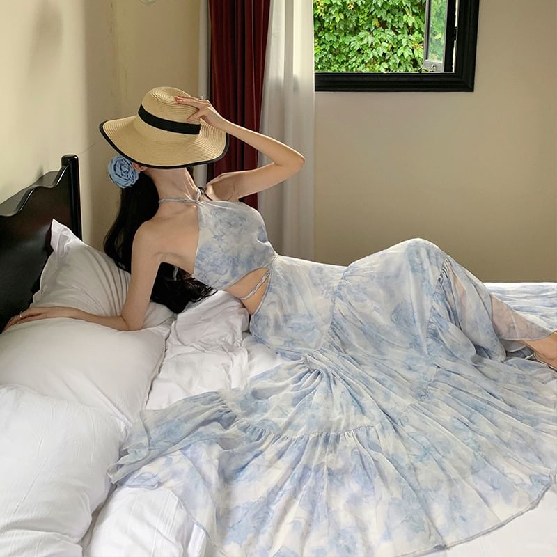 Cutout A-Line Floral Maxi Dress Halter