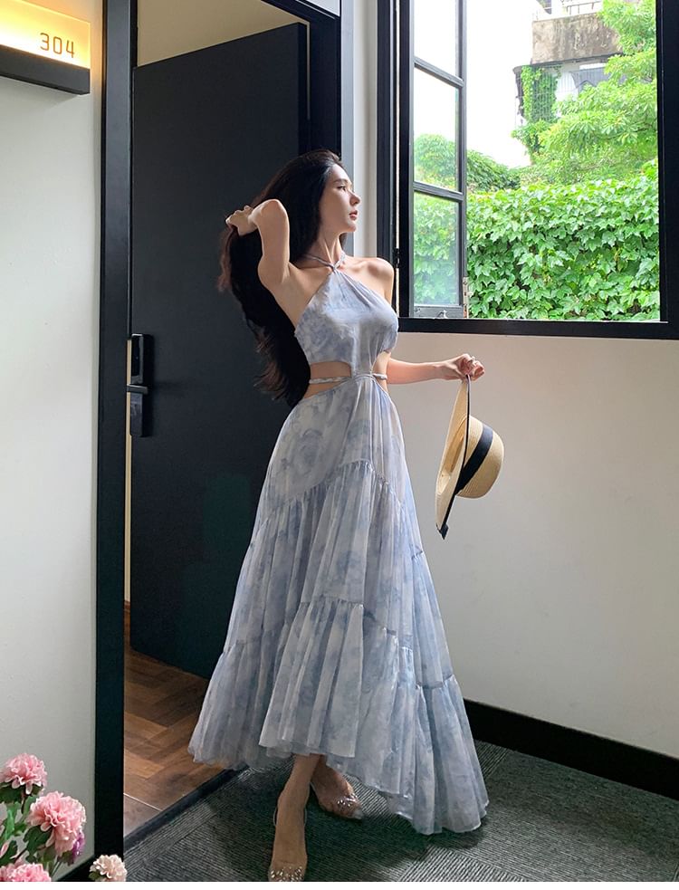 Cutout A-Line Floral Maxi Dress Halter