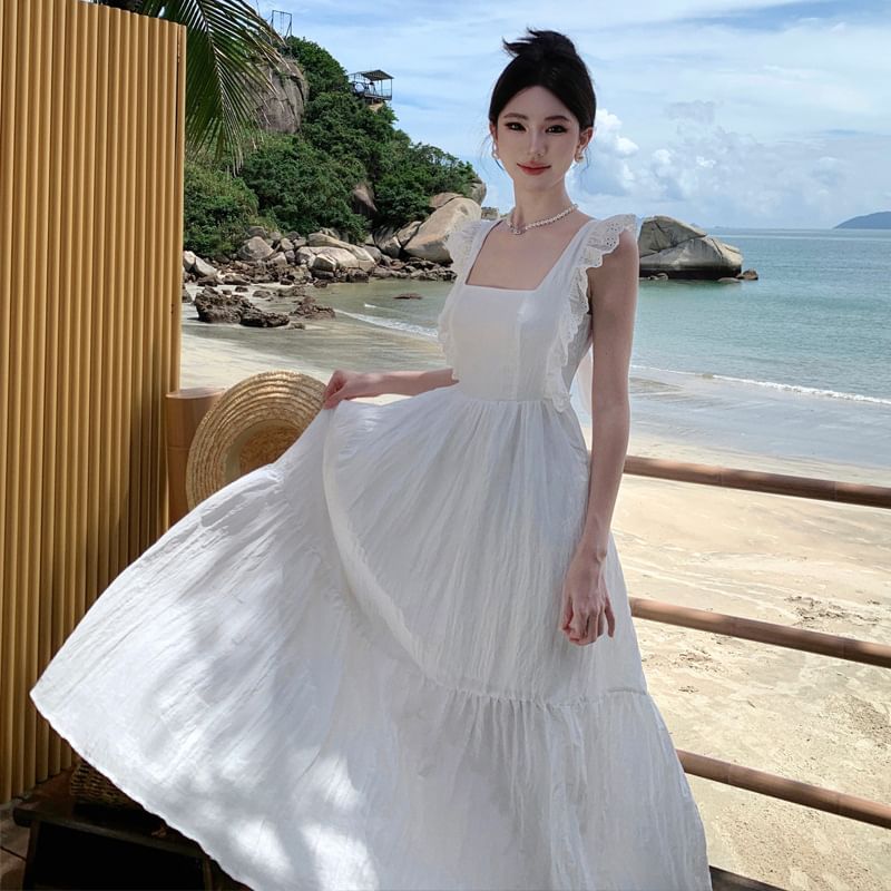 Back Plain Dress Sleeveless Trim A-Line Lace Maxi Open