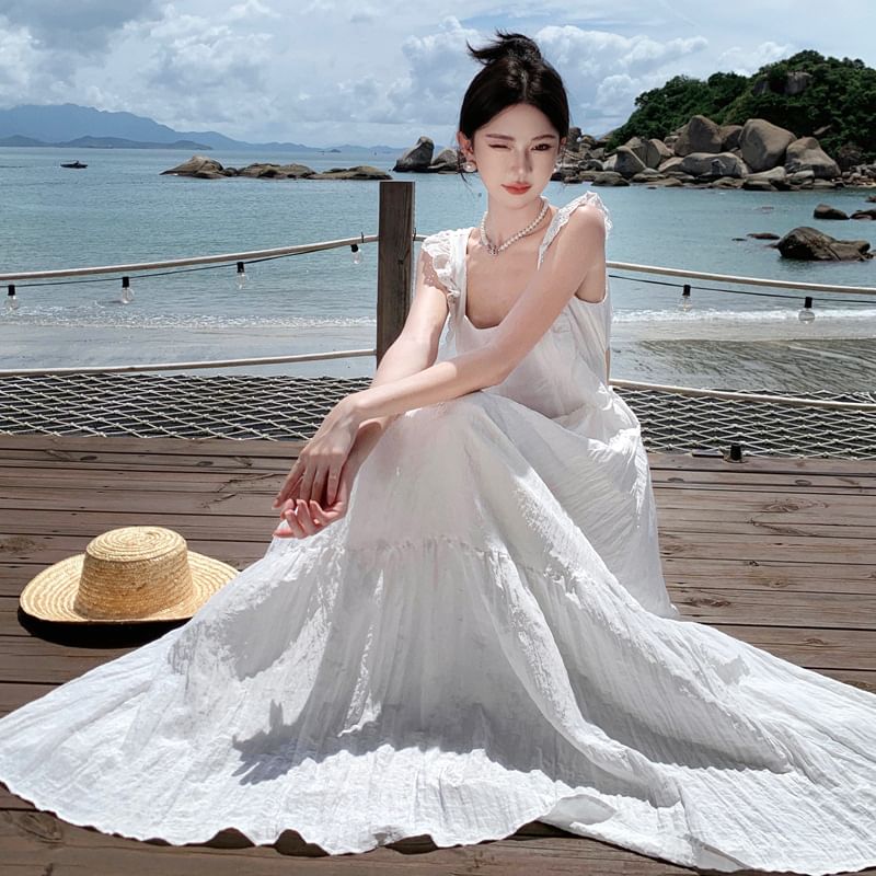 Back Plain Dress Sleeveless Trim A-Line Lace Maxi Open