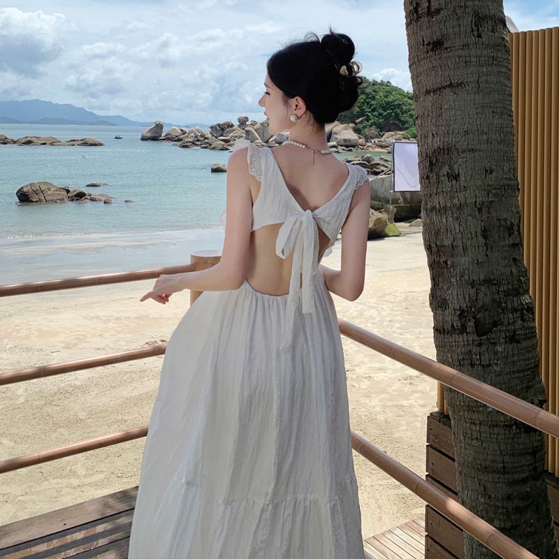 Back Plain Dress Sleeveless Trim A-Line Lace Maxi Open