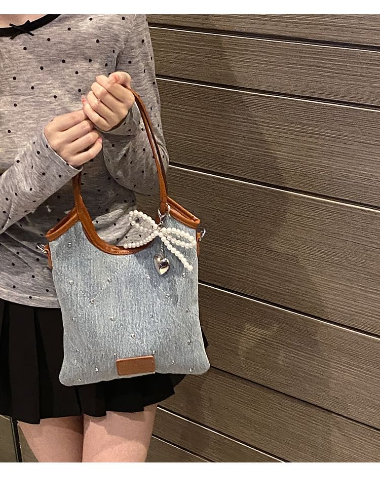 Bow Washed Denim Shoulder Bag