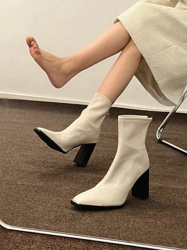 Short Zip-Up Patent Chunky Leather Boots Heel Plain