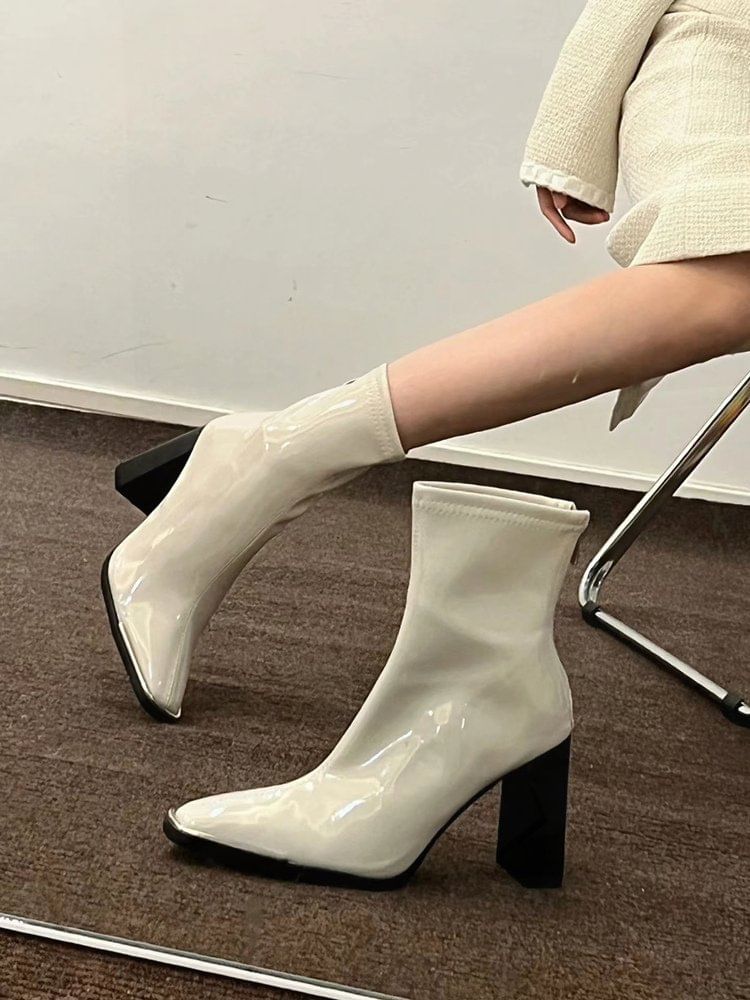 Short Zip-Up Patent Chunky Leather Boots Heel Plain