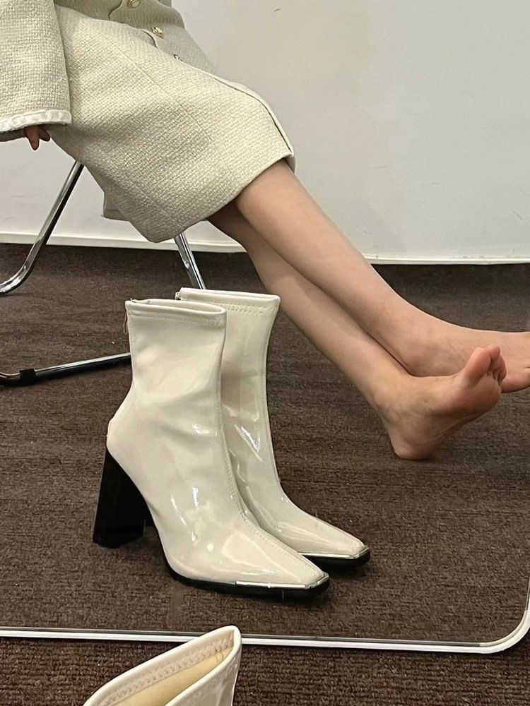 Short Zip-Up Patent Chunky Leather Boots Heel Plain