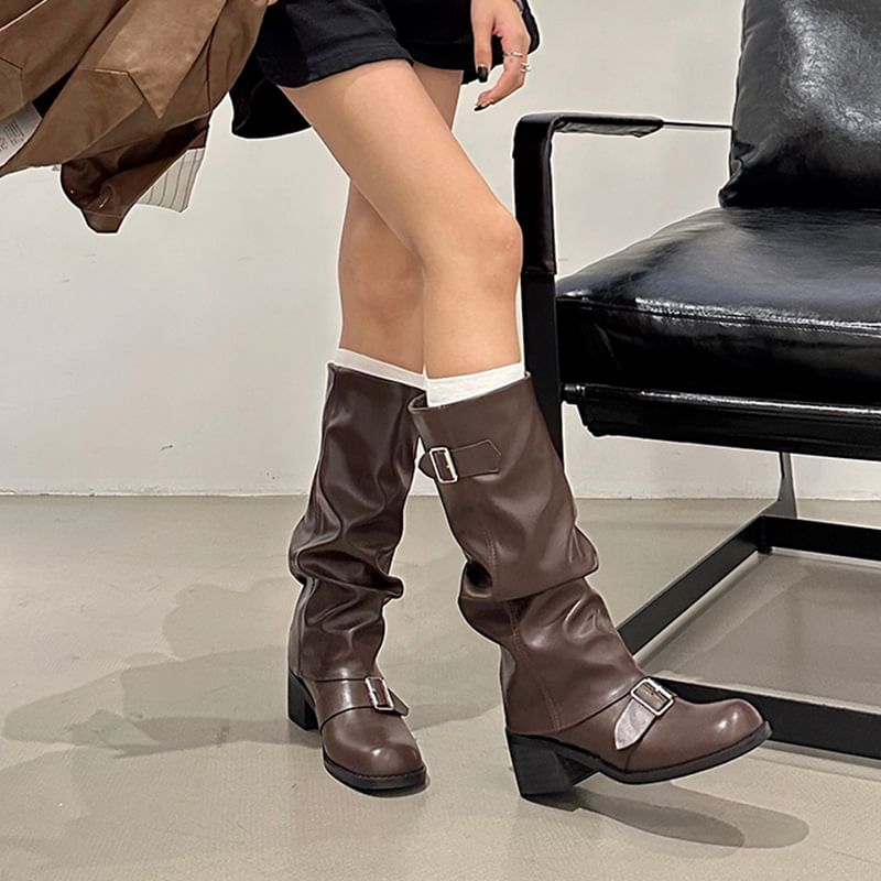 Heel Chunky Plain Boots Tall Buckled Faux Leather