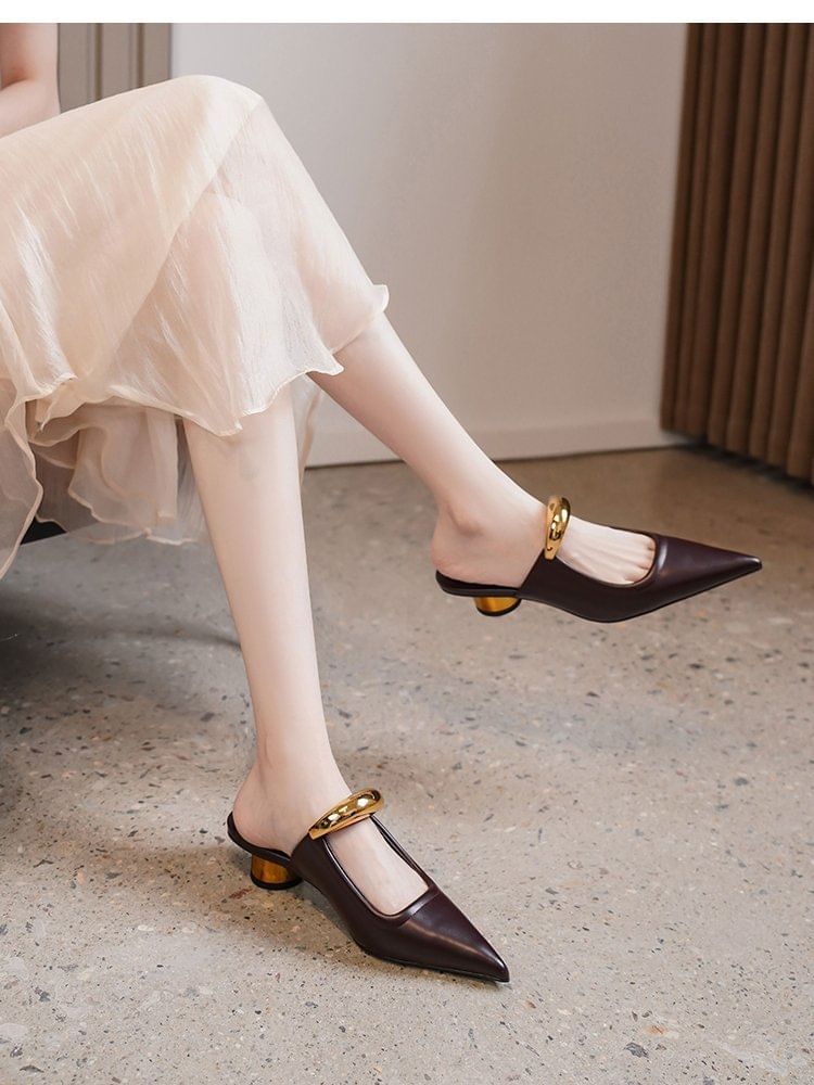 Pointed Mules Metal Accent Chunky Heel Leather Faux Toe