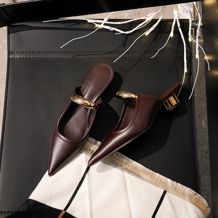 Pointed Mules Metal Accent Chunky Heel Leather Faux Toe