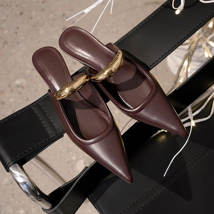 Pointed Mules Metal Accent Chunky Heel Leather Faux Toe