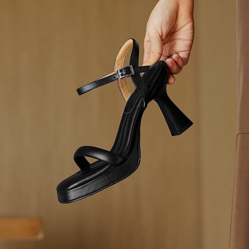Ankle Faux Leather Strap Plain Square Heel Sandals Toe High