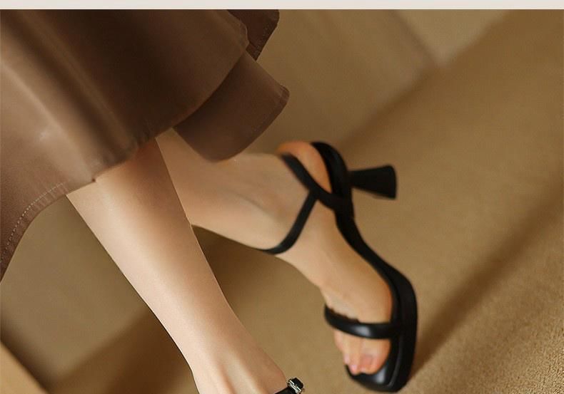 Ankle Faux Leather Strap Plain Square Heel Sandals Toe High