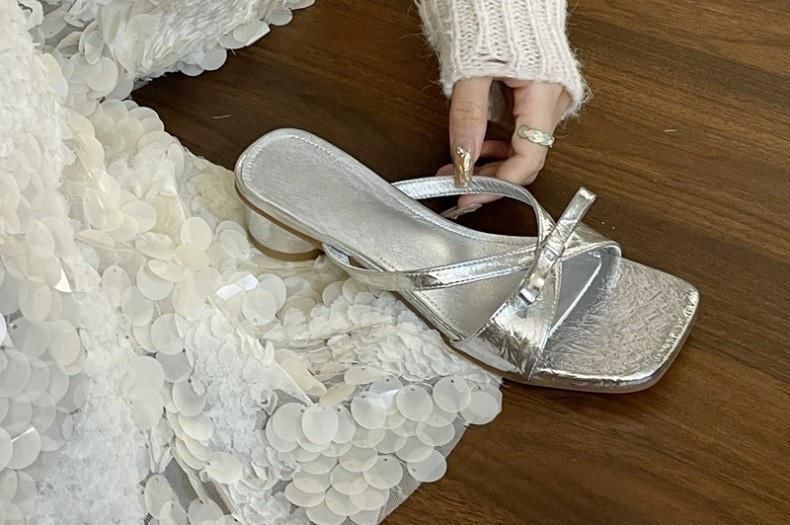 Square Accent Heel Sandals Leather Faux Toe Chunky Bow Plain