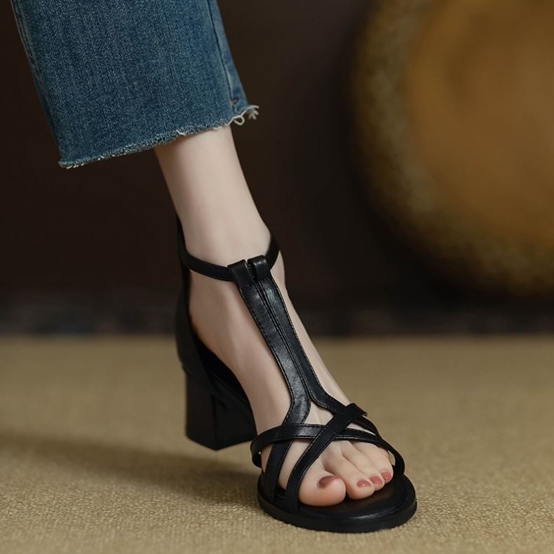 Ankle Sandals Strap Faux Heel Gladiator Plain Leather Chunky