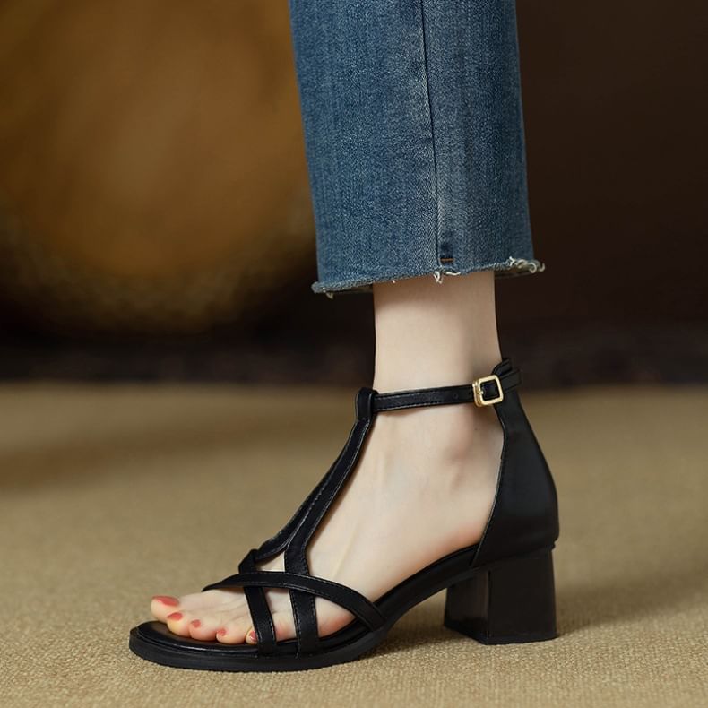 Ankle Sandals Strap Faux Heel Gladiator Plain Leather Chunky