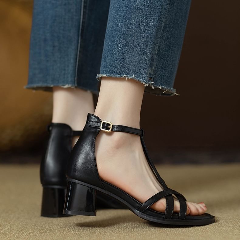 Ankle Sandals Strap Faux Heel Gladiator Plain Leather Chunky
