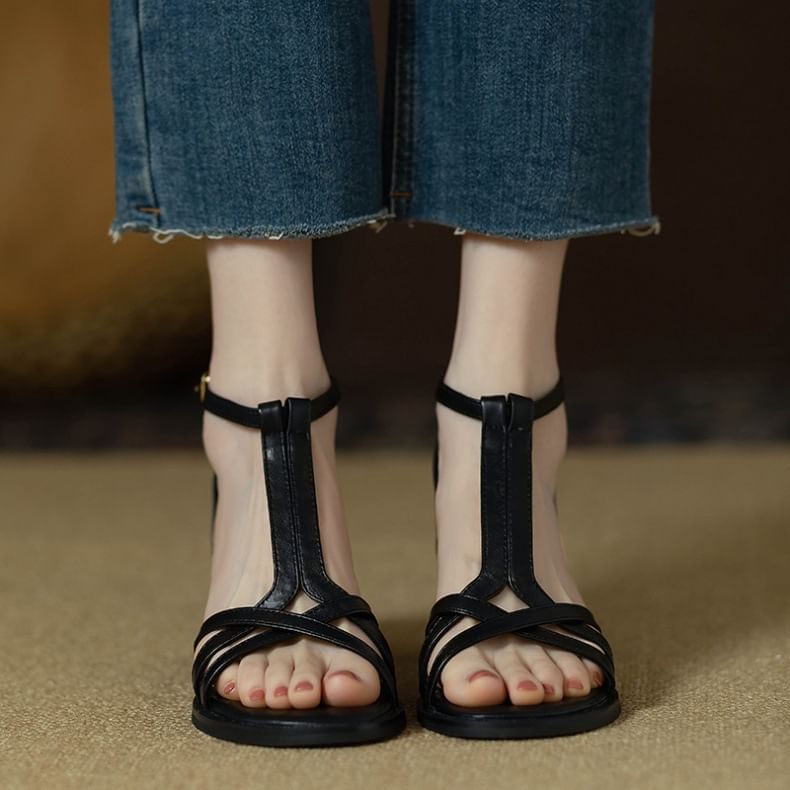 Ankle Sandals Strap Faux Heel Gladiator Plain Leather Chunky