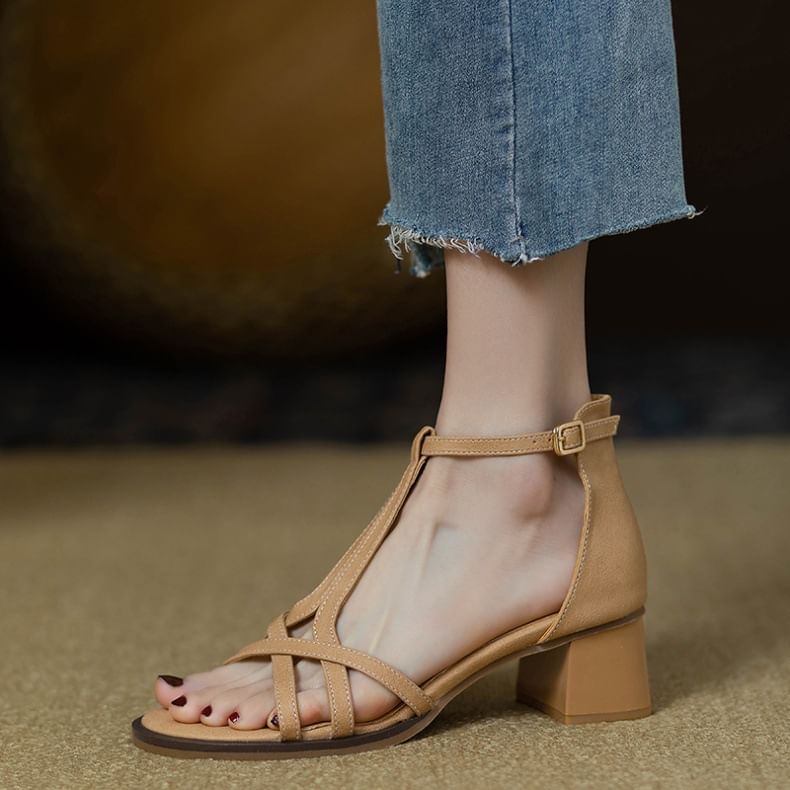Ankle Sandals Strap Faux Heel Gladiator Plain Leather Chunky