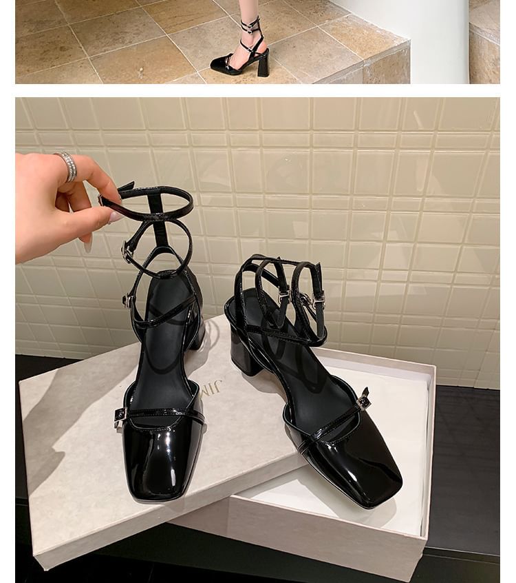 Square Top Faux Sandals Plain Chunky Buckled Heel Leather High Toe