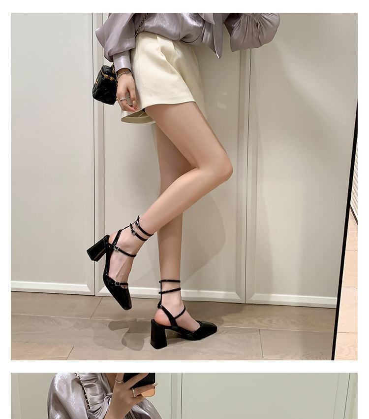 Square Top Faux Sandals Plain Chunky Buckled Heel Leather High Toe