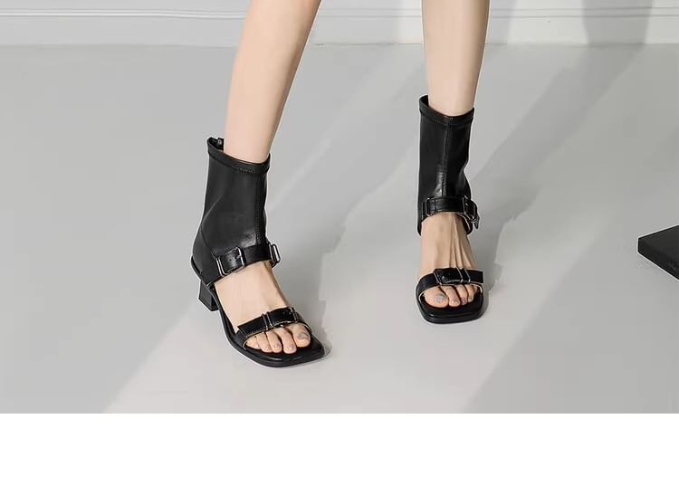 Chunky High Square Toe Buckled Sandals Top Leather Heel Faux Plain