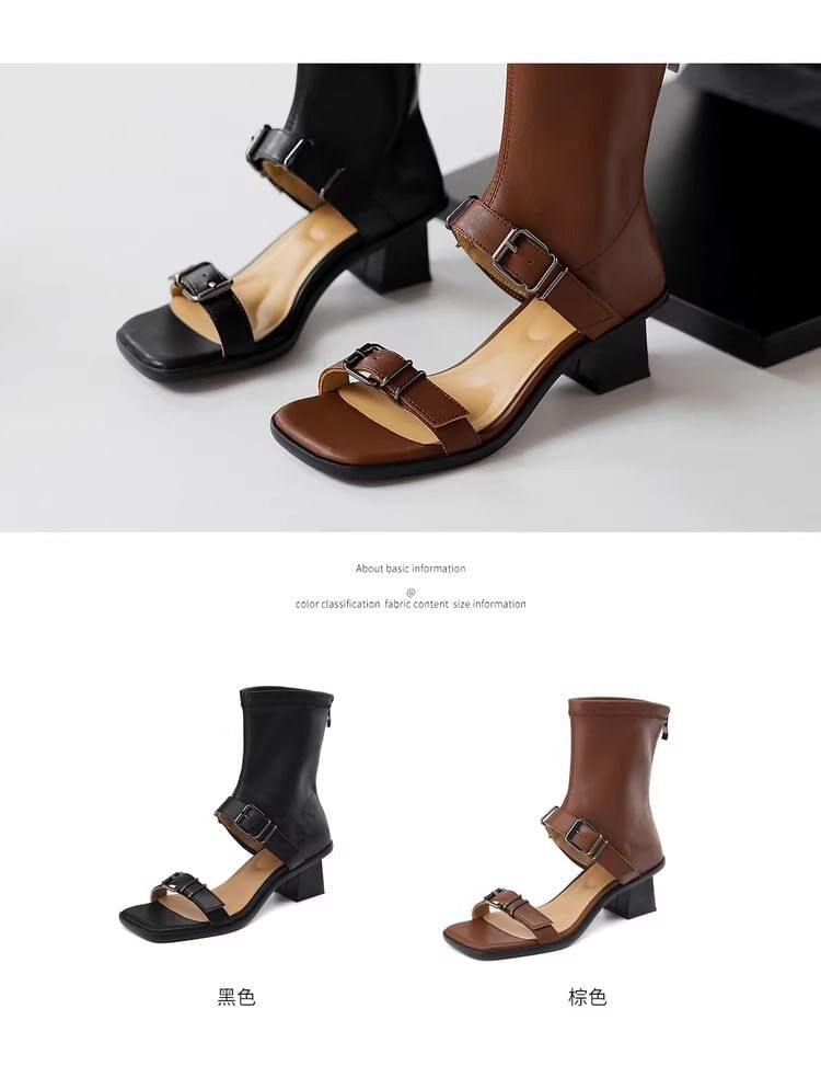 Chunky High Square Toe Buckled Sandals Top Leather Heel Faux Plain