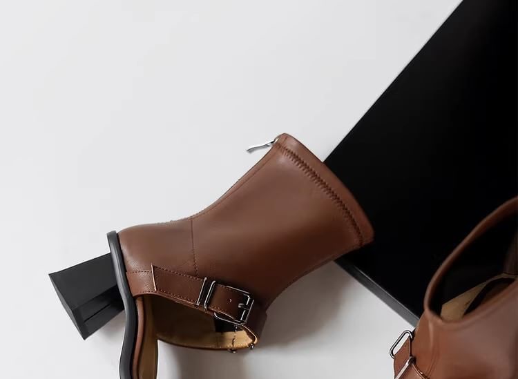 Chunky High Square Toe Buckled Sandals Top Leather Heel Faux Plain