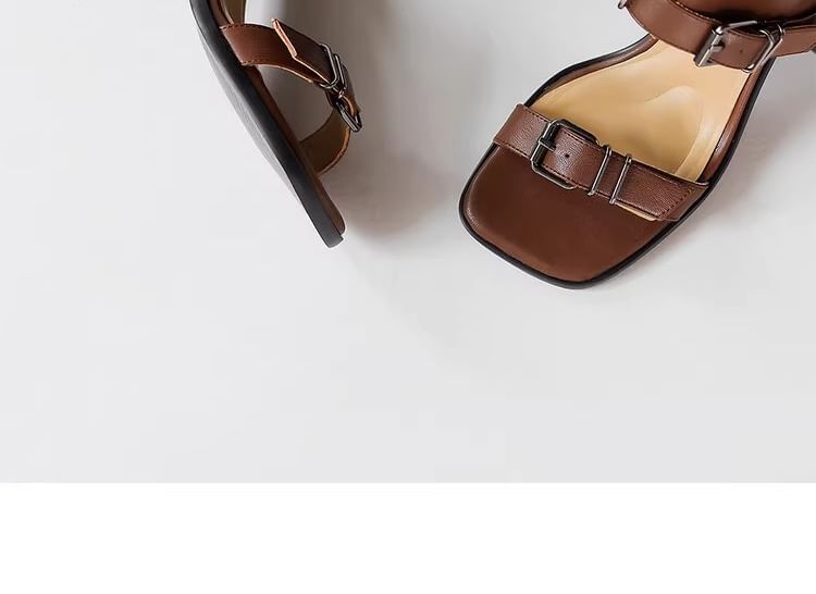 Chunky High Square Toe Buckled Sandals Top Leather Heel Faux Plain