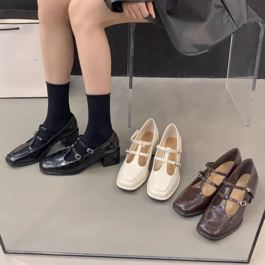 Chunky Jane Toe Heel T-Strap Plain Mary Square Pumps