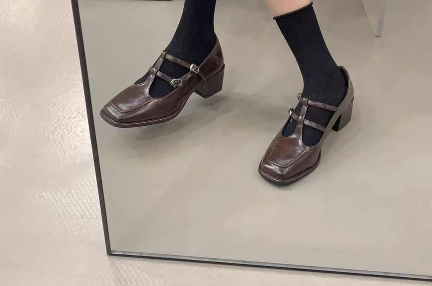 Chunky Jane Toe Heel T-Strap Plain Mary Square Pumps