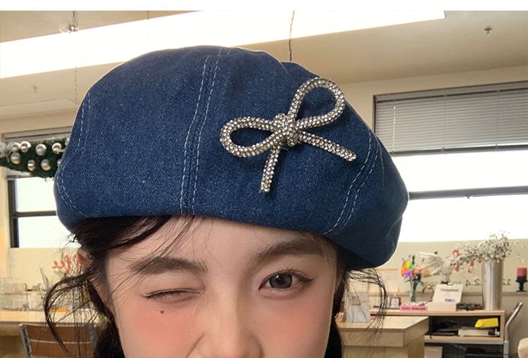 Ribbon Beaded Beret Denim