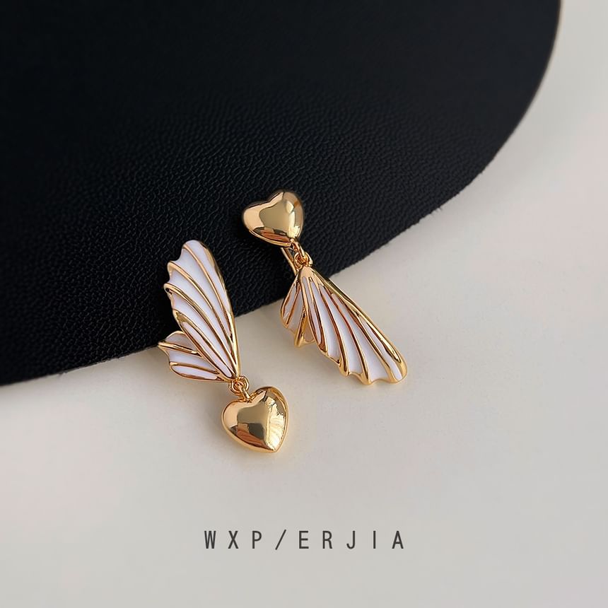 On Clip Heart Earring Wing Drop Asymmetrical