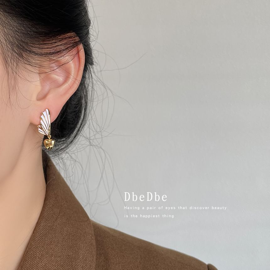 On Clip Heart Earring Wing Drop Asymmetrical