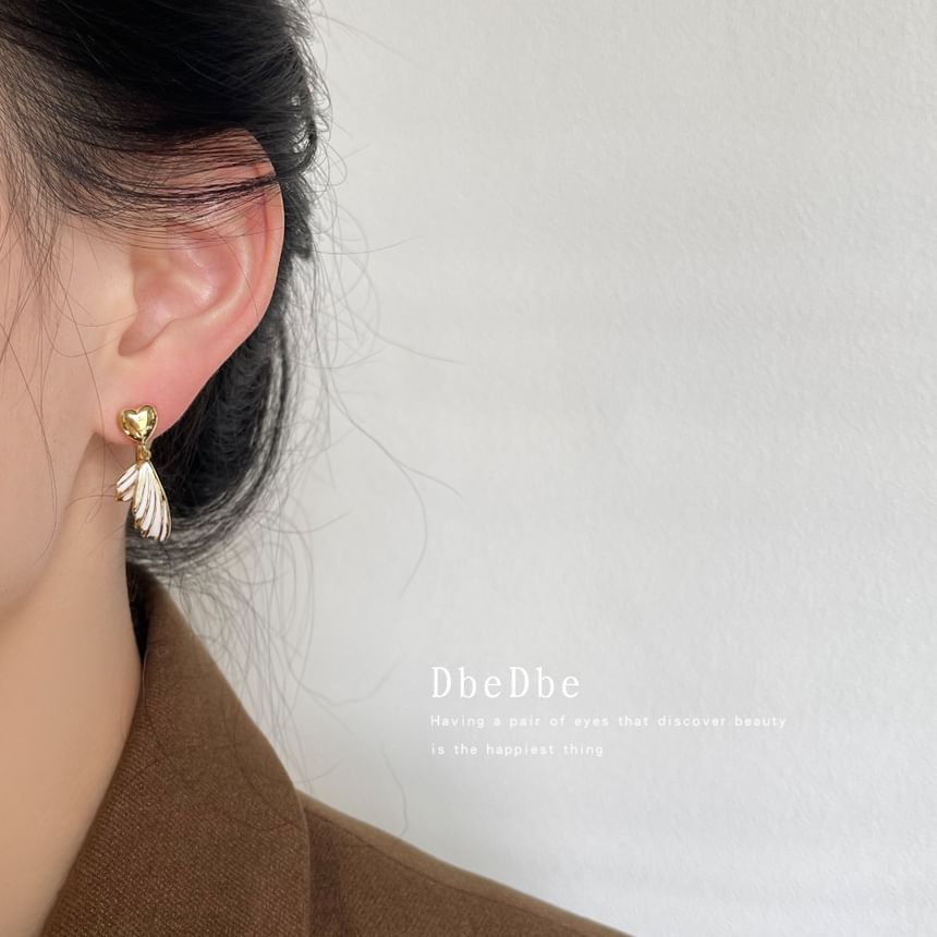 On Clip Heart Earring Wing Drop Asymmetrical