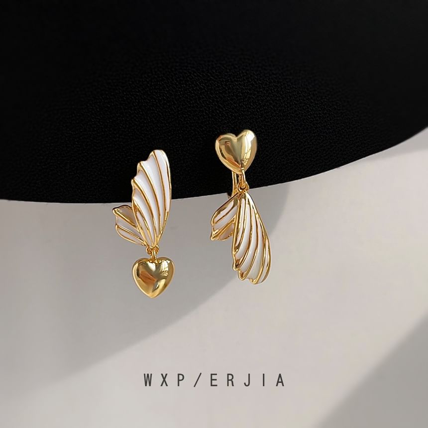 On Clip Heart Earring Wing Drop Asymmetrical