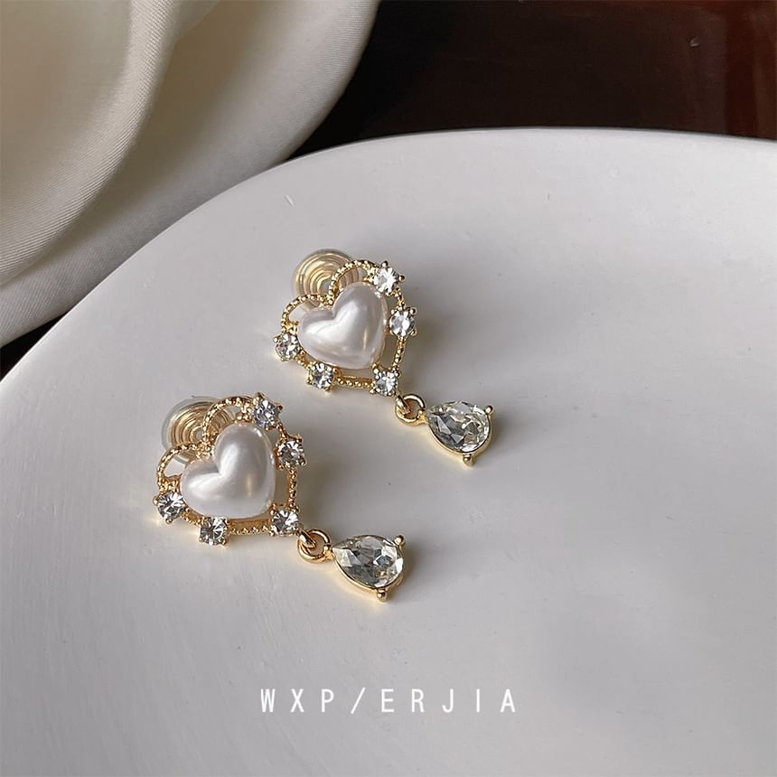 On Rhinestone Clip Heart Drop Pearl Earring Faux
