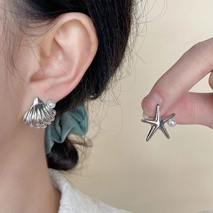 Starfish Earring Shell Clip Asymmetrical On Faux Pearl