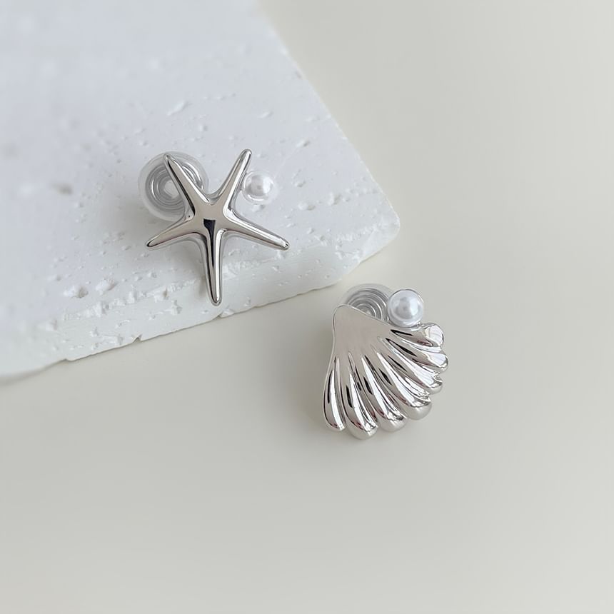 Starfish Earring Shell Clip Asymmetrical On Faux Pearl
