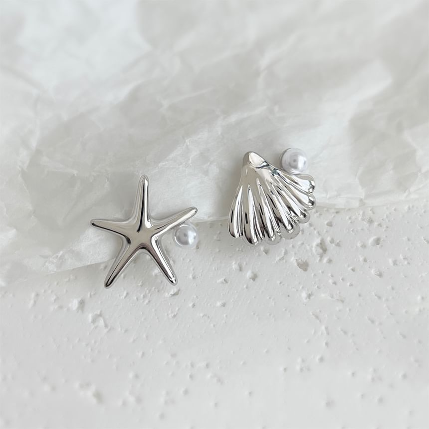 Starfish Earring Shell Clip Asymmetrical On Faux Pearl