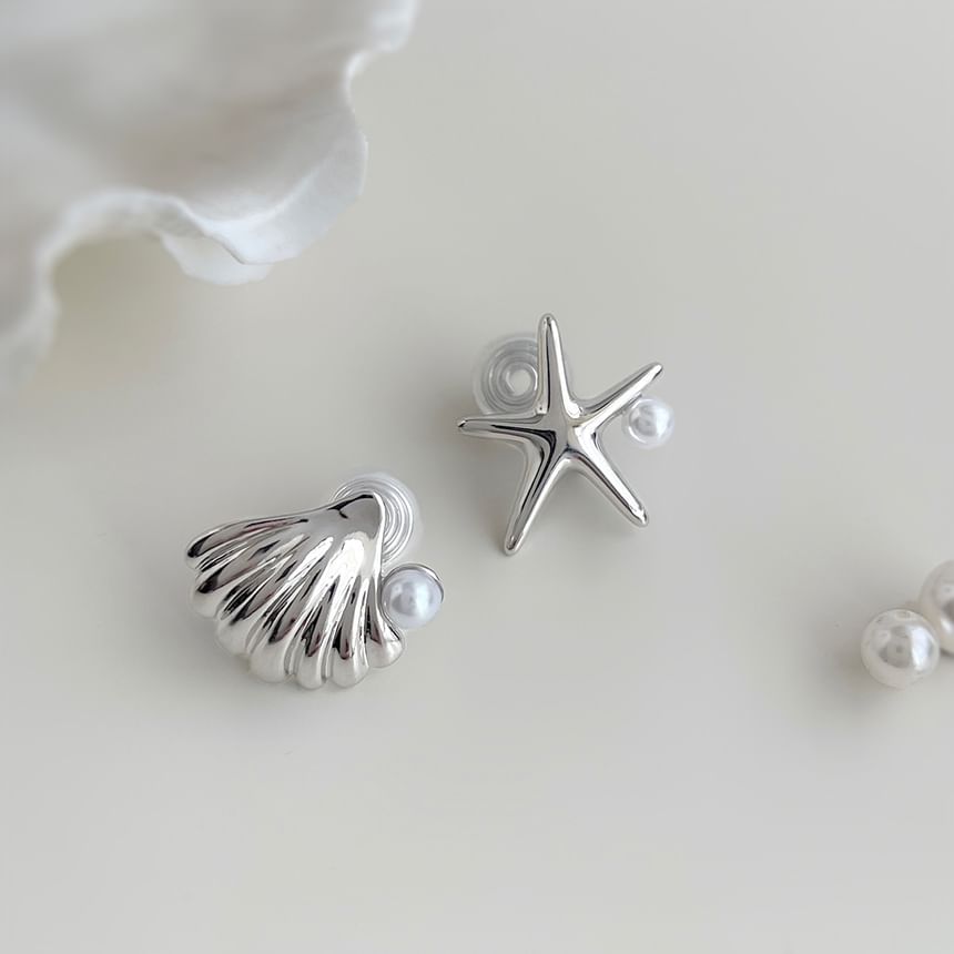 Starfish Earring Shell Clip Asymmetrical On Faux Pearl