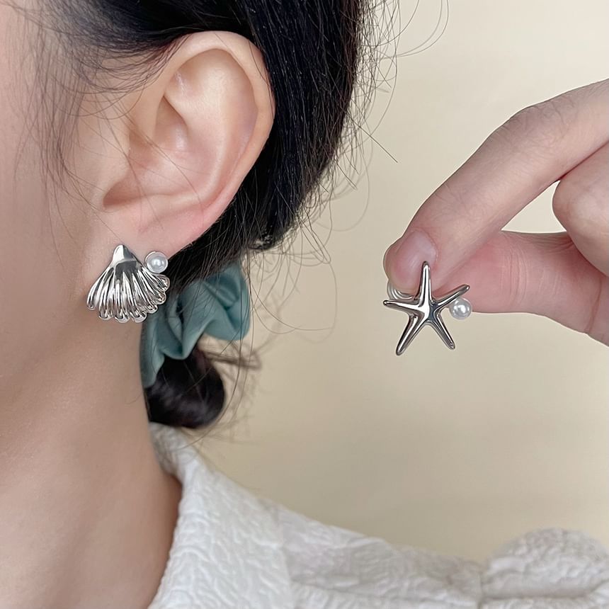 Starfish Earring Shell Clip Asymmetrical On Faux Pearl