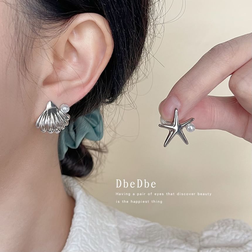 Starfish Earring Shell Clip Asymmetrical On Faux Pearl