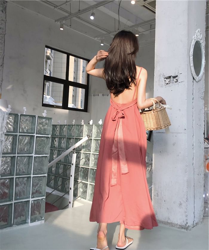 Spaghetti Plain Back Strap Sundress Open Maxi