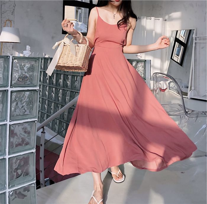 Spaghetti Plain Back Strap Sundress Open Maxi
