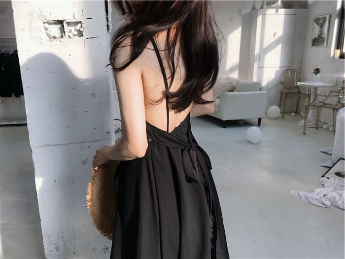 Spaghetti Plain Back Strap Sundress Open Maxi