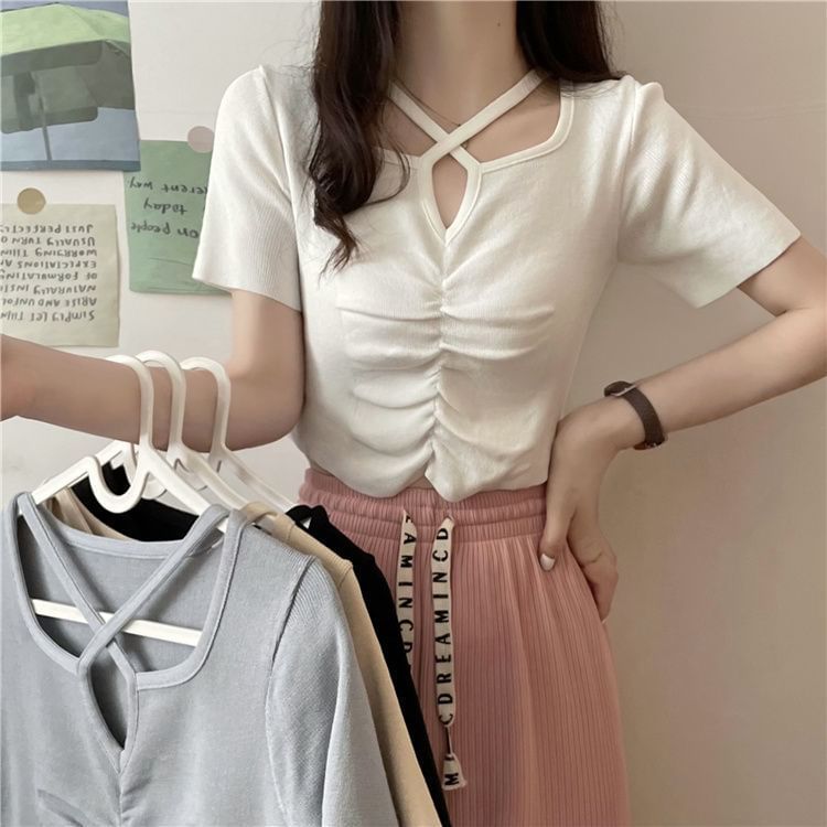 Knit Neck Top Plain Short-Sleeve Ruched Cross Notch Criss