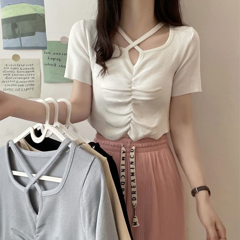 Knit Neck Top Plain Short-Sleeve Ruched Cross Notch Criss