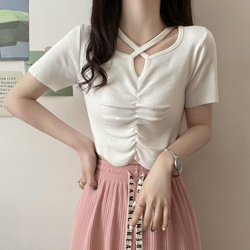 Knit Neck Top Plain Short-Sleeve Ruched Cross Notch Criss