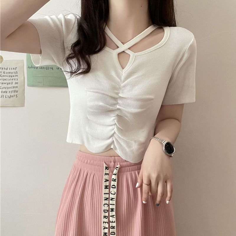 Knit Neck Top Plain Short-Sleeve Ruched Cross Notch Criss